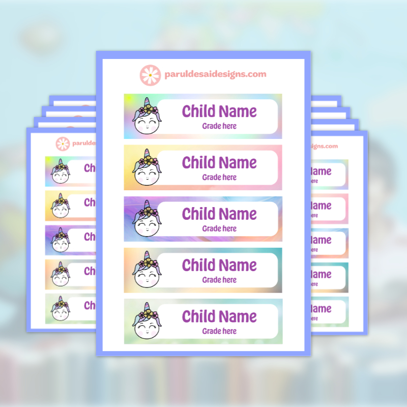 45 Personalized Name Stickers – Magical Unicorn Face Design for Kids