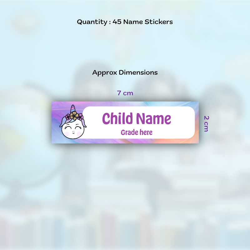 45 Personalized Name Stickers – Magical Unicorn Face Design for Kids