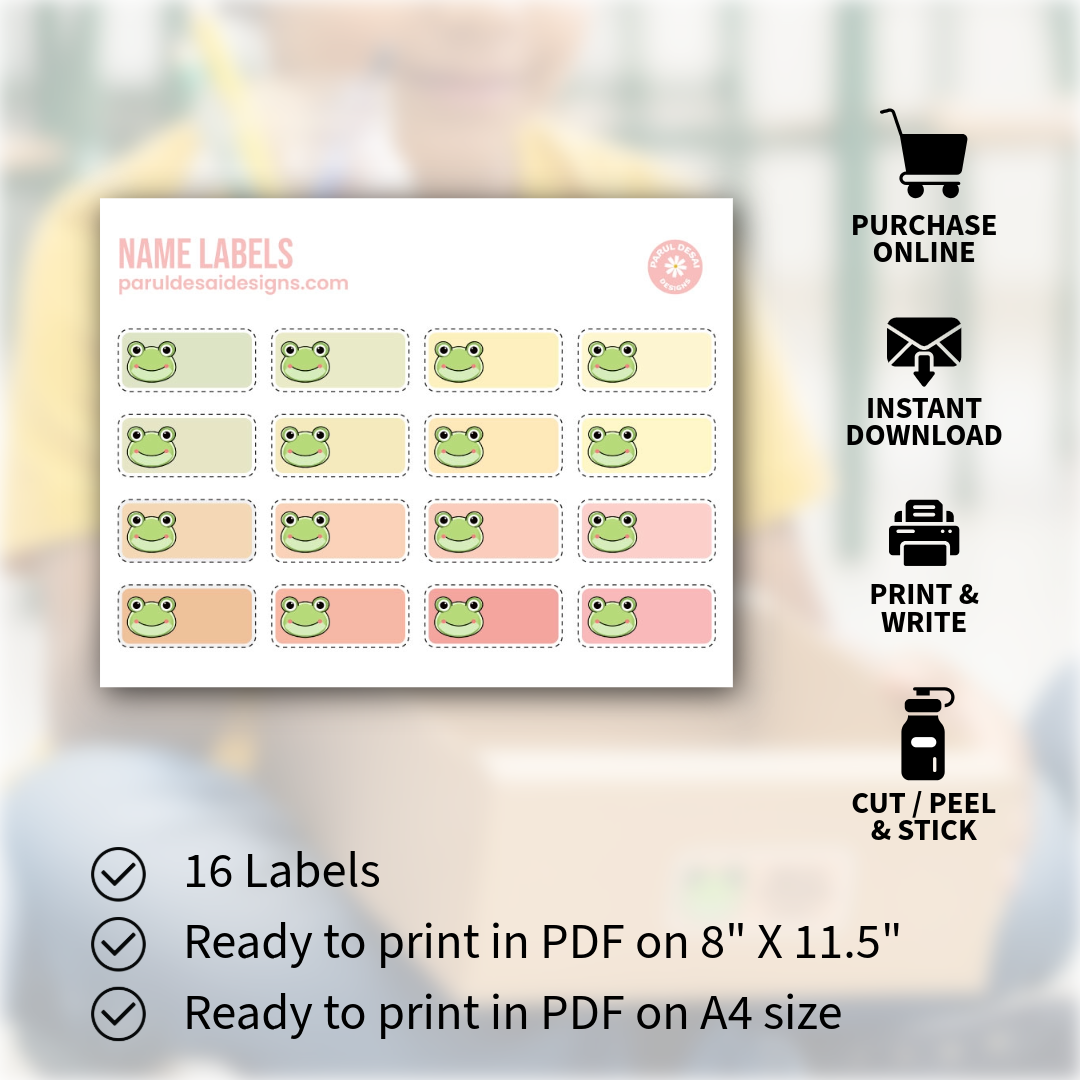 Frog Name Labels (one Labels size - 2.5" X 1") - 16 Labels on one page