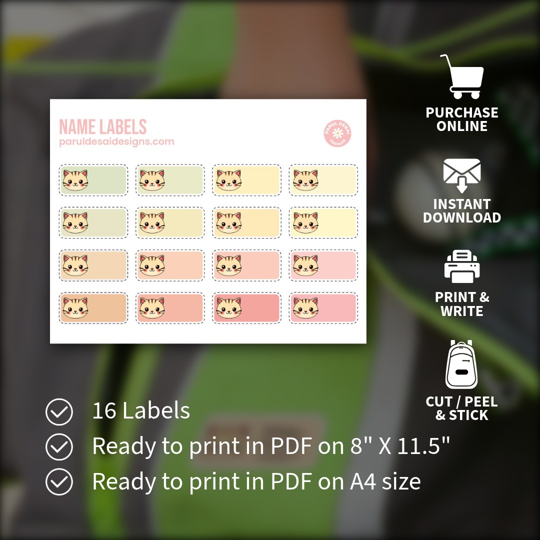 Cat Name Labels - Printable Sticker Sheets for Kids