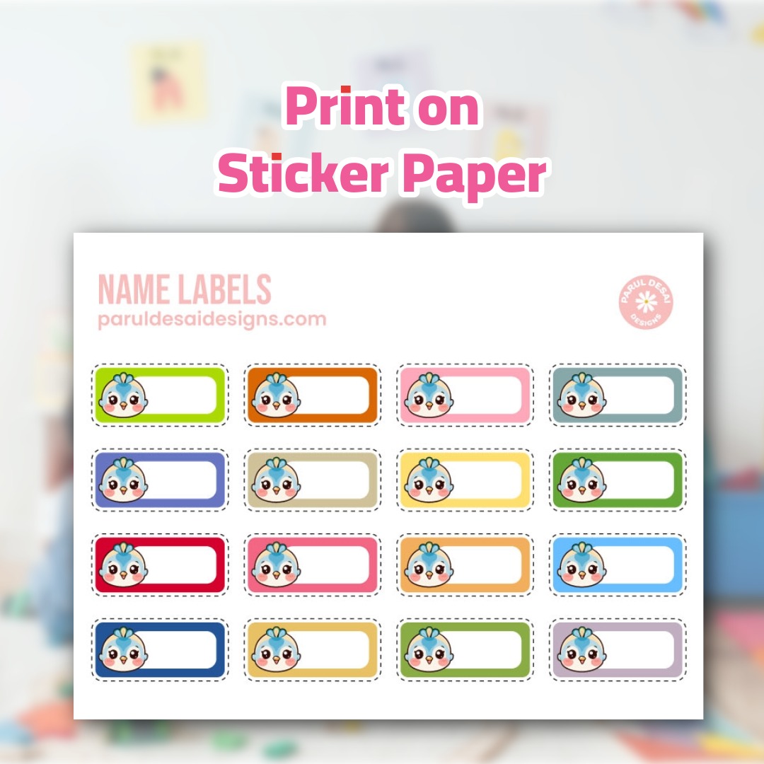 Cute Bird Face Name Label Printable – Kids Labels Sheet