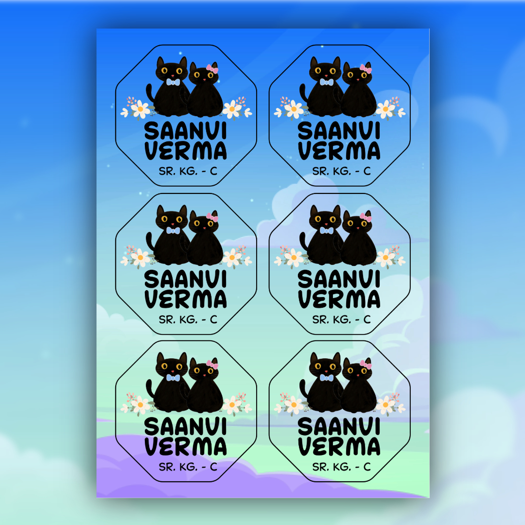 64 Personalized Name Labels for Kids - Black Cat Labels
