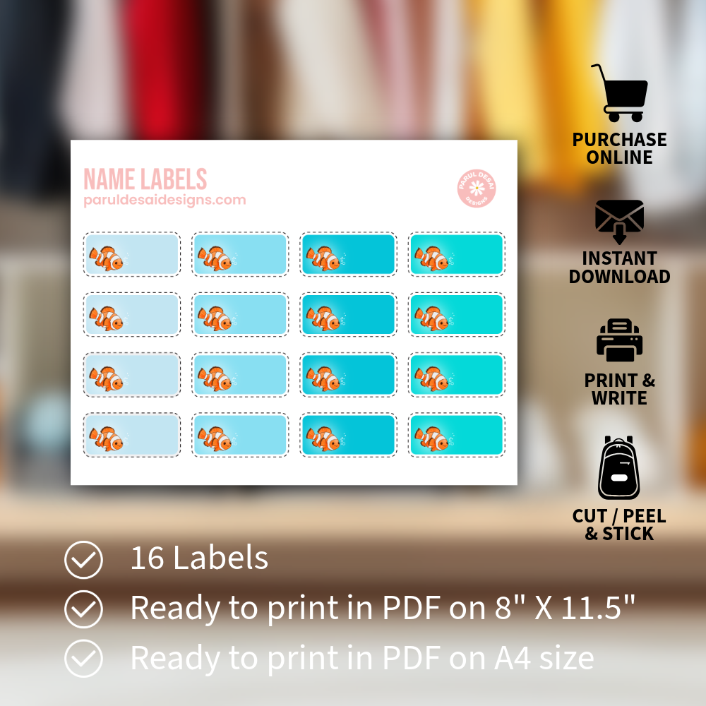 Clown Fish Name Labels – Printable Sticker Sheets for Kids
