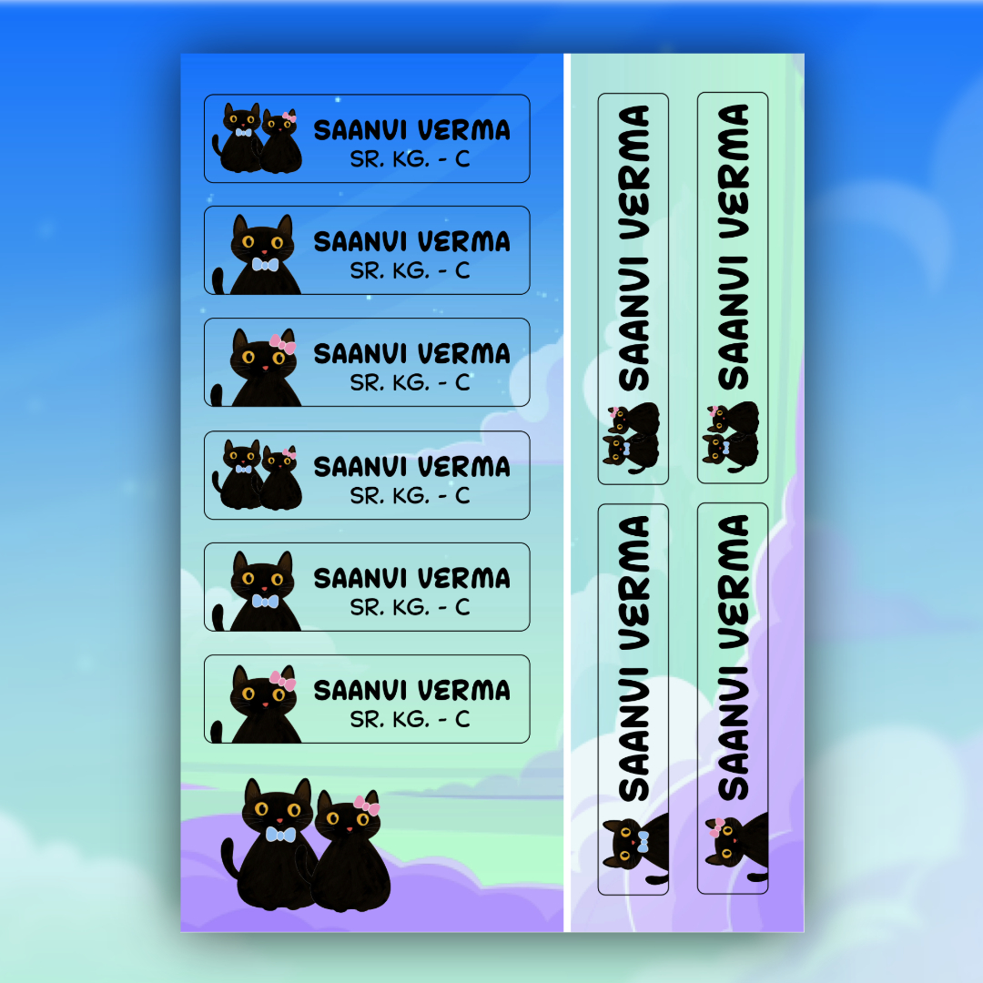 64 Personalized Name Labels for Kids - Black Cat Labels