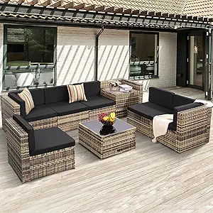 8 Piece Outdoor Wicker Patio Furniture Sectional Set, Glass Top Table with Hidden Storage, Includes 7 Seating Components, Natural Rattan with Black Overstuffed Cushions