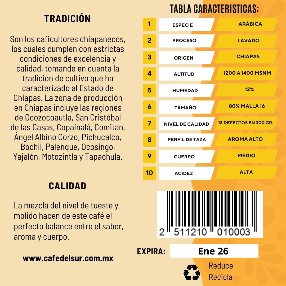 Café Selecto de Chiapas presentación de 1 Kg, en la compra de 4 Kg o mas flete gratis