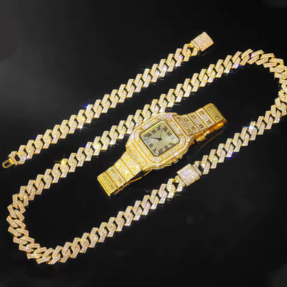 Gold Color Cuban Chain, Watch+Bracelet Jewelry 18 inch Neckleace