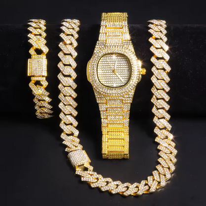 Gold Color Cuban Chain, Watch+Bracelet Jewelry 18 inch Neckleace