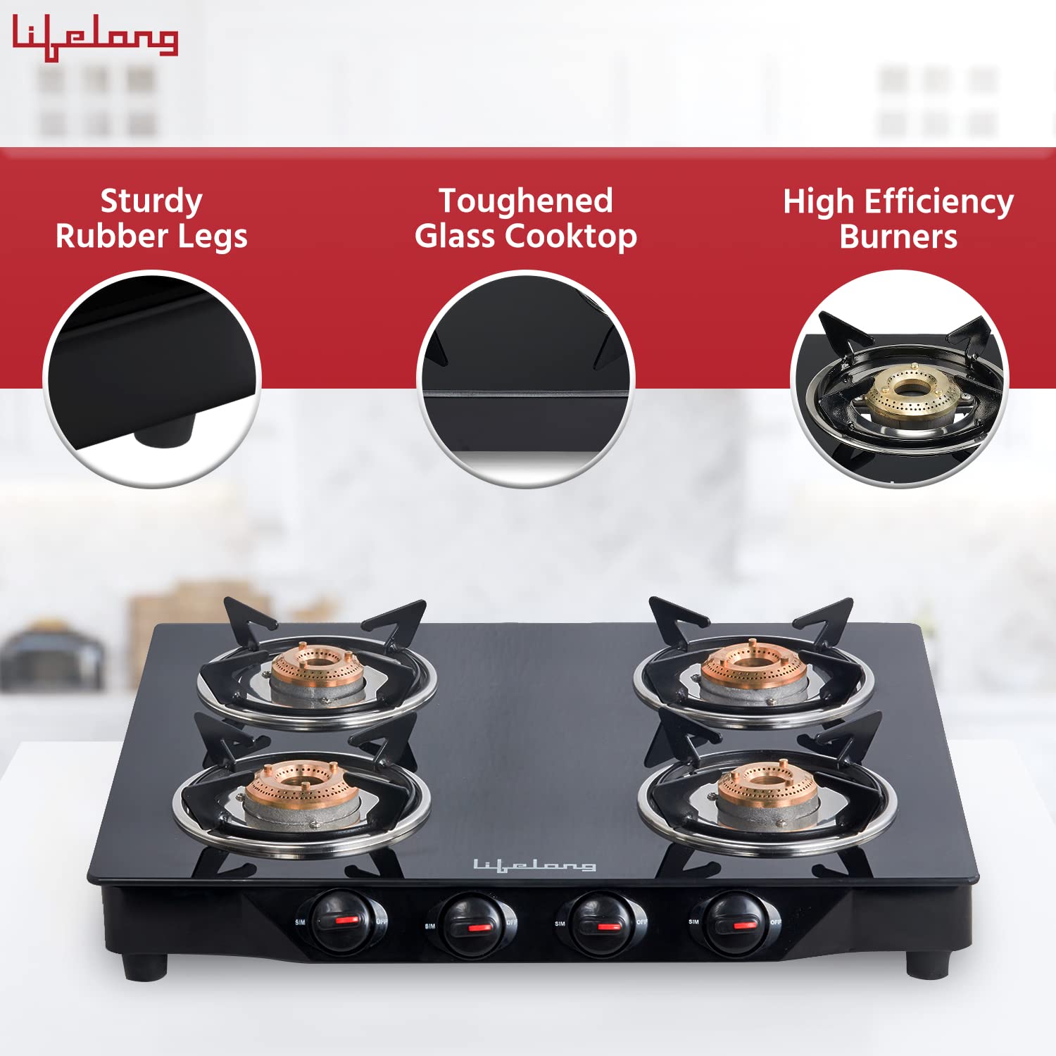 Lifelong Glass Top Gas Stove, 4 Burner Gas Stove, Black (ISI Certified,1 year warranty with Doorstep Service)
