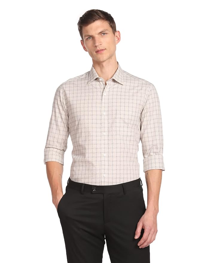 Arrow Men's Checkered Full Sleeve Slim Fit Cutaway Collar Cotton Formal Shirt