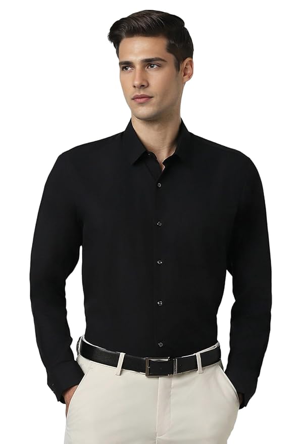 Peter England Men's Premium Solid Herringbone Regular Fit Full Sleeve Formal Shirt | Wonder Fabric | Cotton Rich