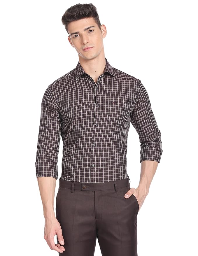 Arrow Men's Checkered Full Sleeve Slim Fit Cutaway Collar Cotton Formal Shirt