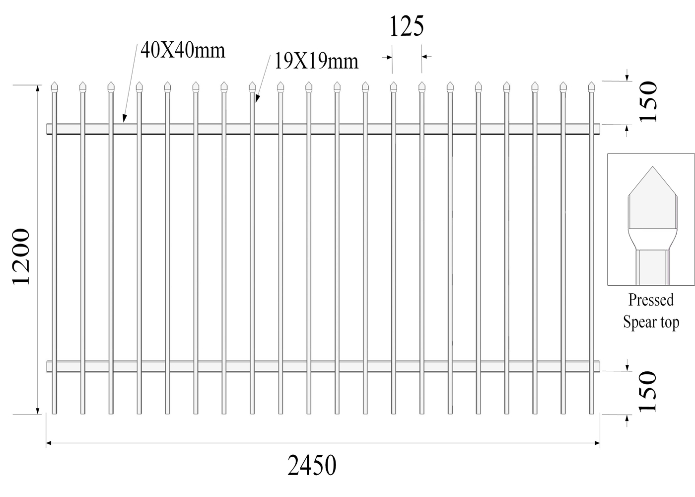 1.2x2.45m Pressed Spear Top Hercules Fence
