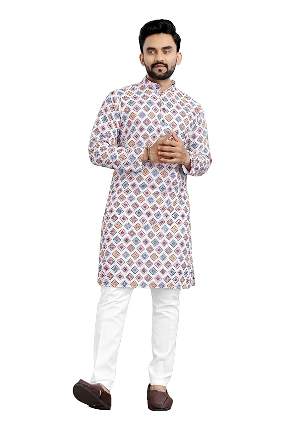 LookMark Men's Cotton Blend Regular Fit Casual Regular Printed Long Kurta Suitable for All Indian Wedding, Occasions, and Festivals