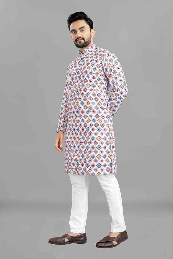 LookMark Men's Cotton Blend Regular Fit Casual Regular Printed Long Kurta Suitable for All Indian Wedding, Occasions, and Festivals