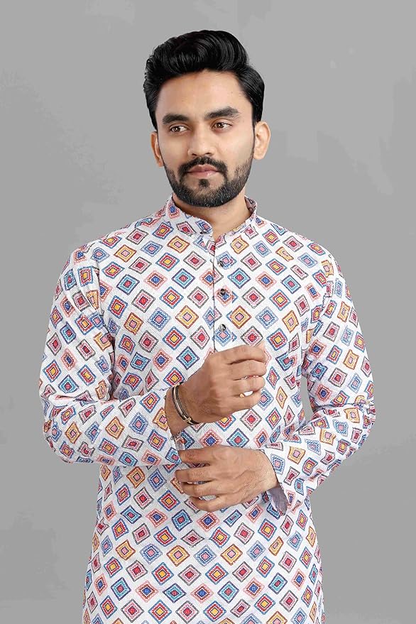 LookMark Men's Cotton Blend Regular Fit Casual Regular Printed Long Kurta Suitable for All Indian Wedding, Occasions, and Festivals