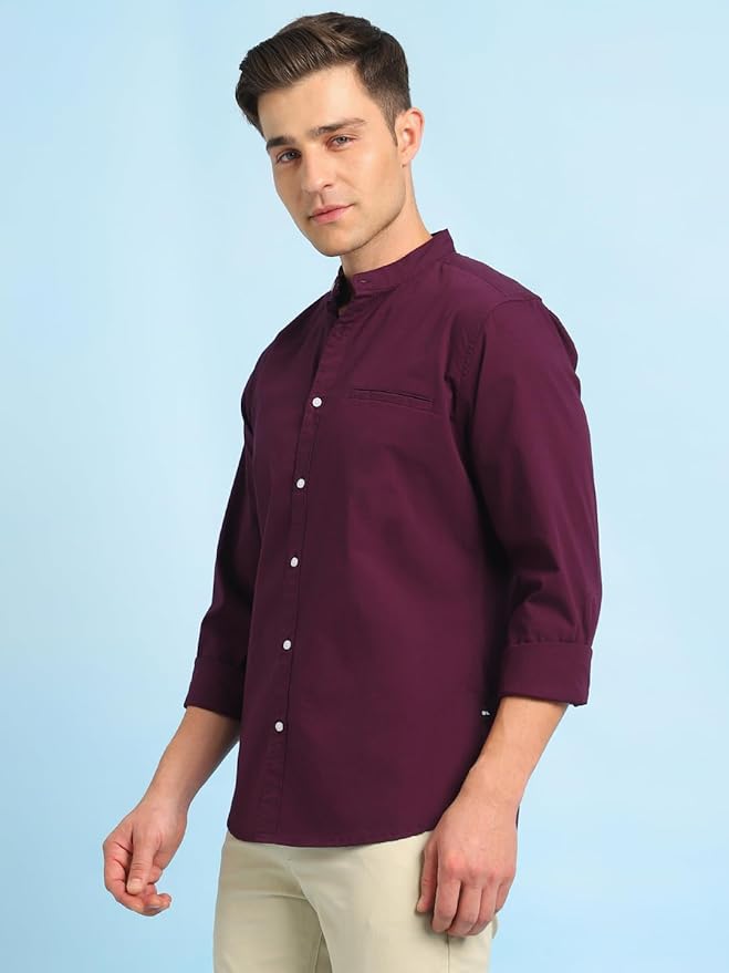 Dennis Lingo Men Solid Mandarin Collar Full Sleeves Regular Fit Casual Shirt