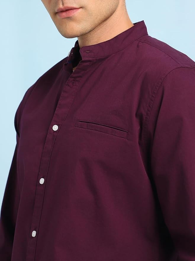 Dennis Lingo Men Solid Mandarin Collar Full Sleeves Regular Fit Casual Shirt