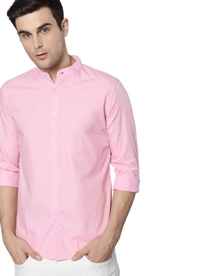 Dennis Lingo Men Solid Mandarin Collar Full Sleeves Regular Fit Casual Shirt