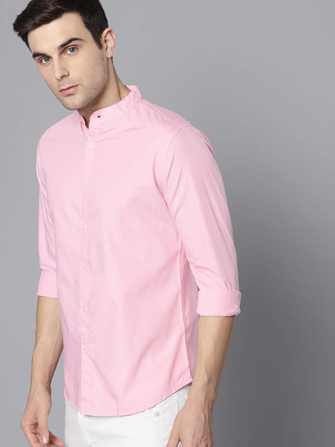 Dennis Lingo Men Solid Mandarin Collar Full Sleeves Regular Fit Casual Shirt