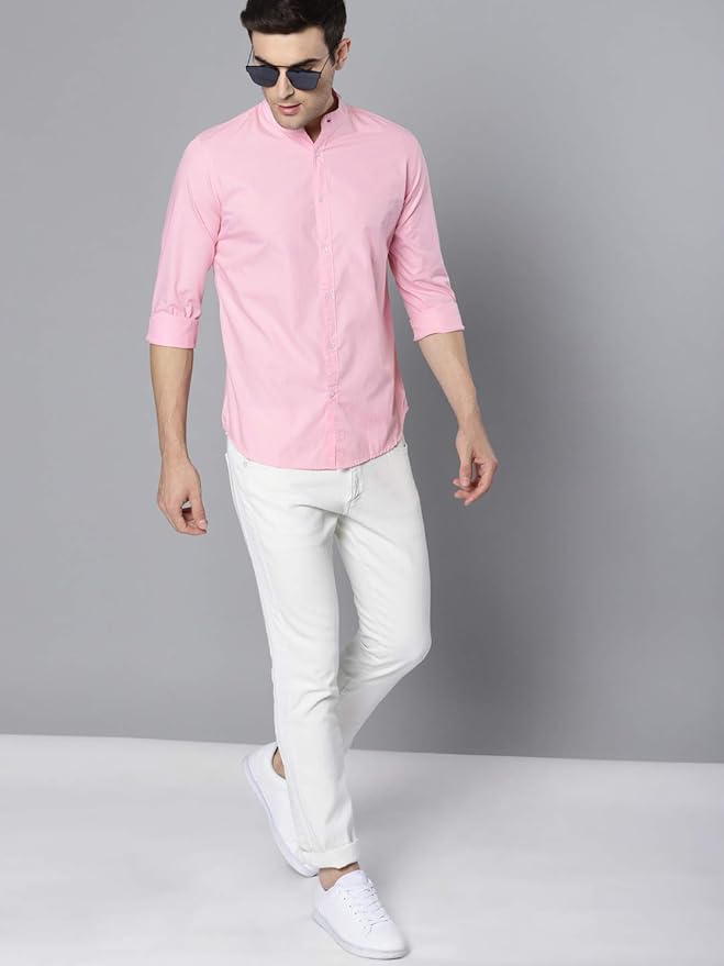 Dennis Lingo Men Solid Mandarin Collar Full Sleeves Regular Fit Casual Shirt