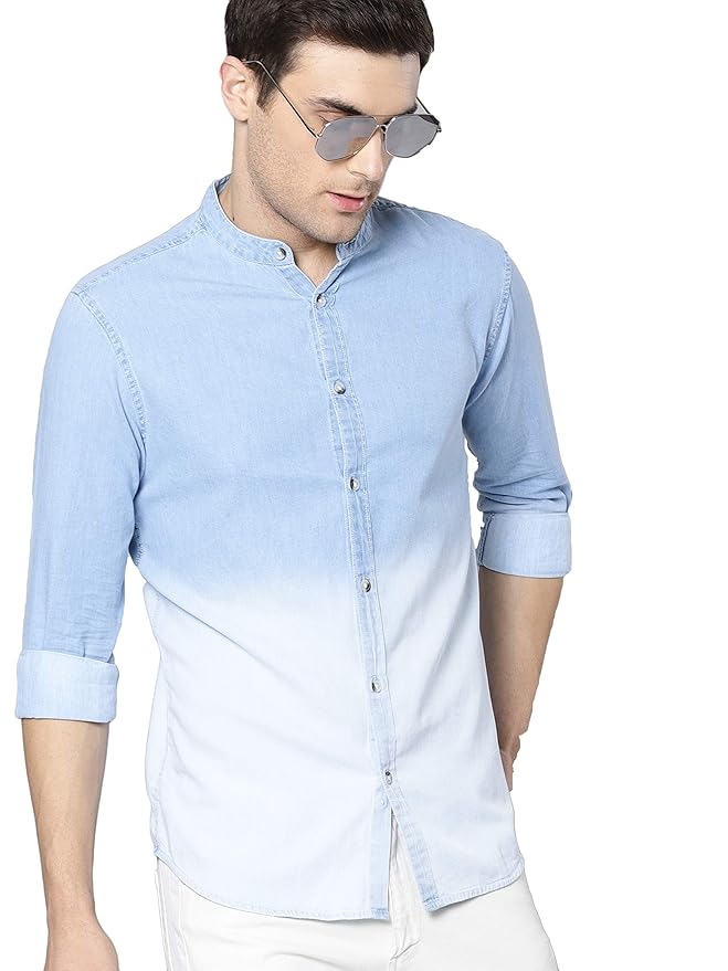 Dennis Lingo Men's Cotton Full Sleeves Cotton Denim Solid Casual Shirt with Mandarin Collar (Light Blue, L)