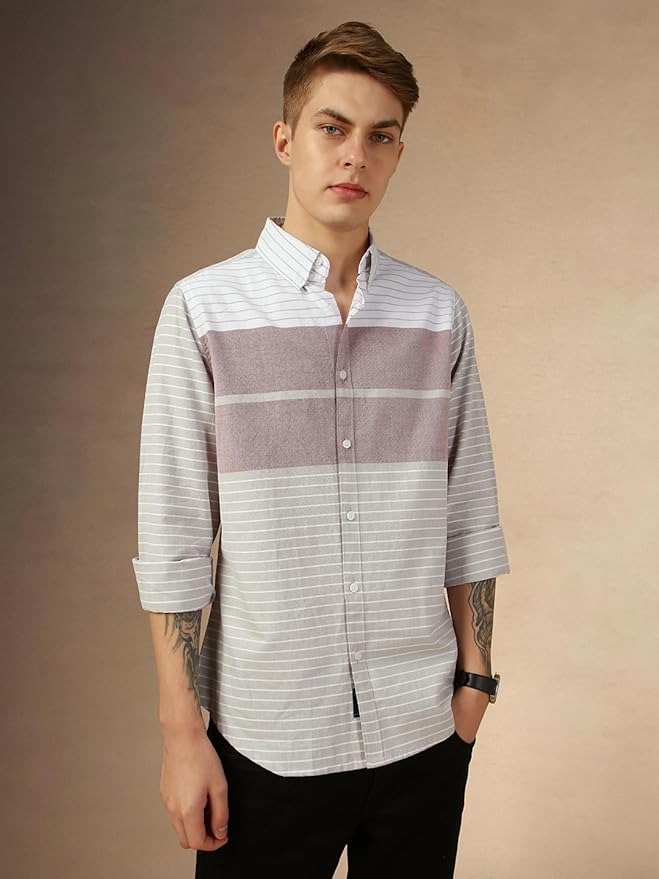Dennis Lingo Men Maroon Stripes Regular Fit Full Sleeve Button Down Collar Shirts
