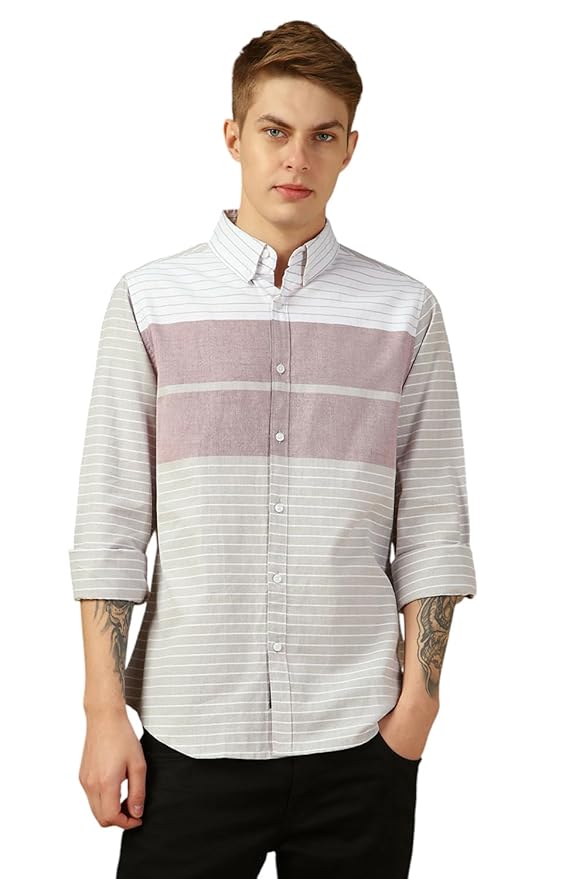 Dennis Lingo Men Maroon Stripes Regular Fit Full Sleeve Button Down Collar Shirts