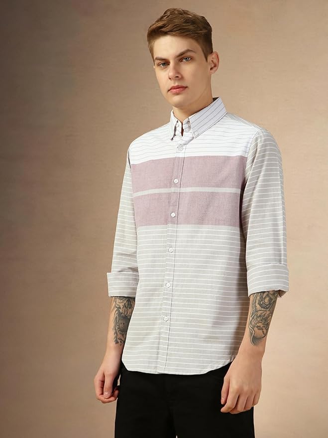 Dennis Lingo Men Maroon Stripes Regular Fit Full Sleeve Button Down Collar Shirts