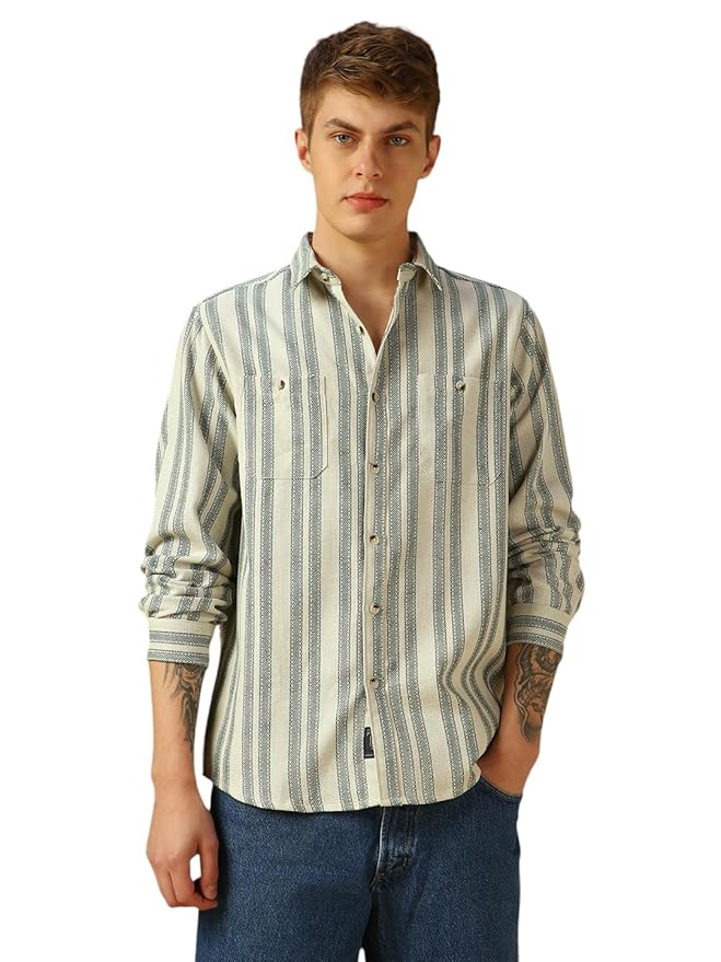 Dennis Lingo Men Cream Stripes Cotton Regular Fit Full Sleeve Spread Collar Casual Shirt