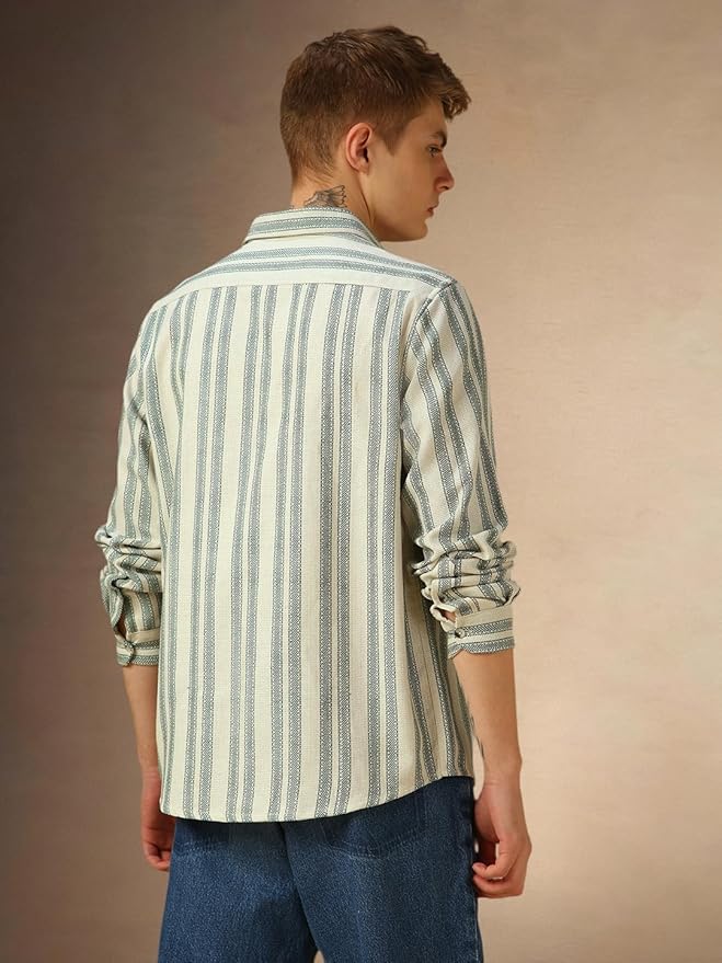 Dennis Lingo Men Cream Stripes Cotton Regular Fit Full Sleeve Spread Collar Casual Shirt