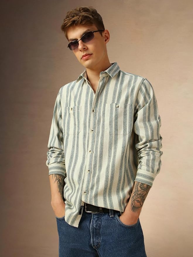 Dennis Lingo Men Cream Stripes Cotton Regular Fit Full Sleeve Spread Collar Casual Shirt