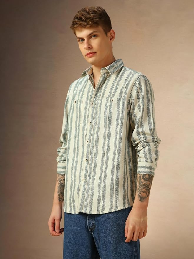 Dennis Lingo Men Cream Stripes Cotton Regular Fit Full Sleeve Spread Collar Casual Shirt