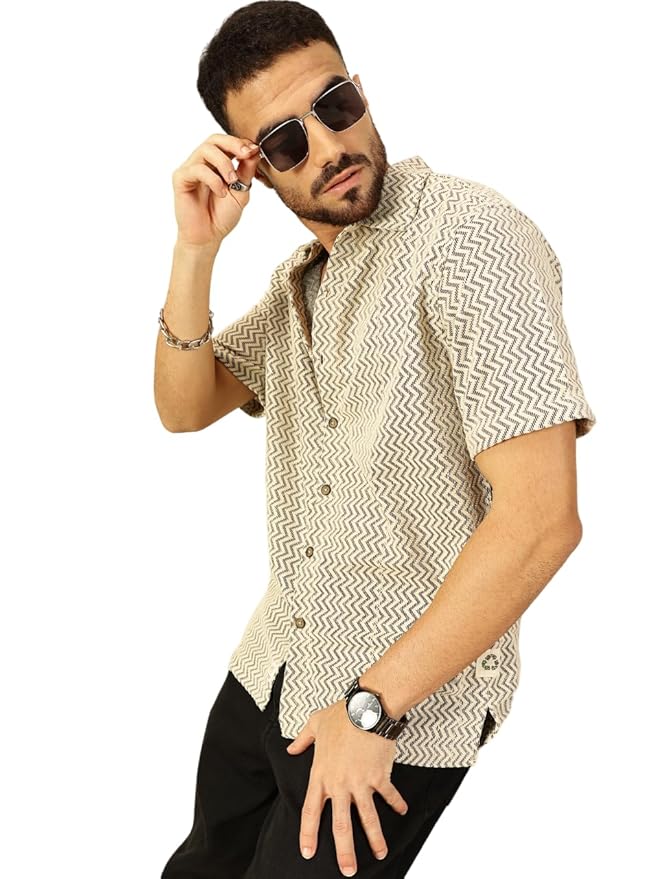 Thomas Scott Men's Half Sleeves Cotton Blend Crochet Textured Shirt