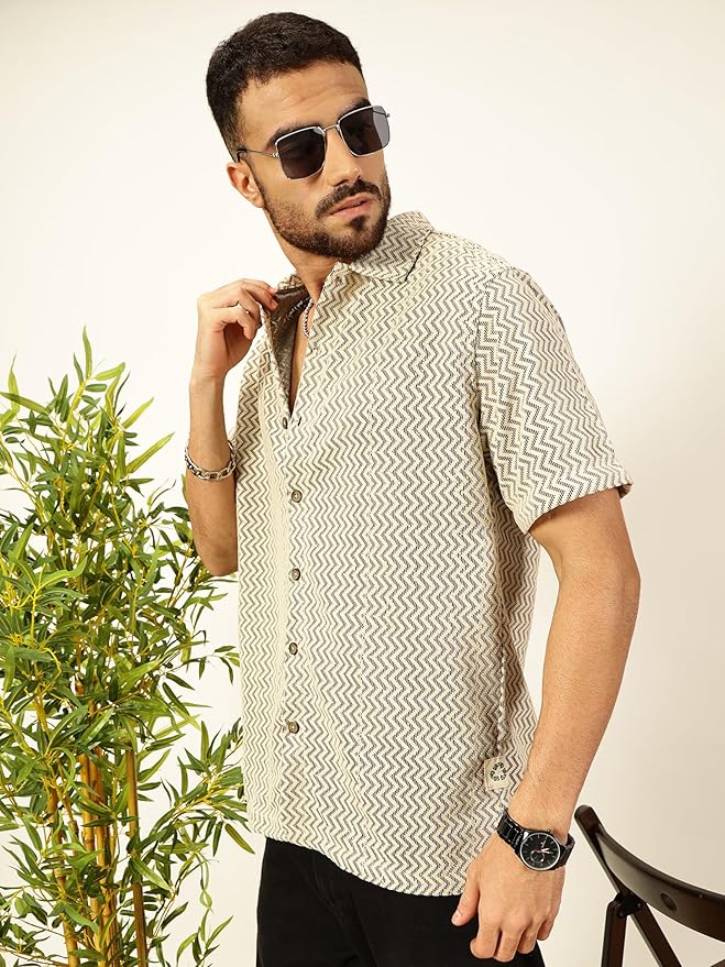 Thomas Scott Men's Half Sleeves Cotton Blend Crochet Textured Shirt
