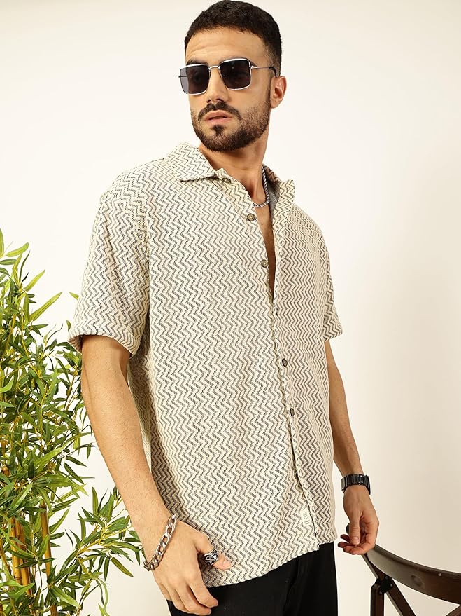 Thomas Scott Men's Half Sleeves Cotton Blend Crochet Textured Shirt