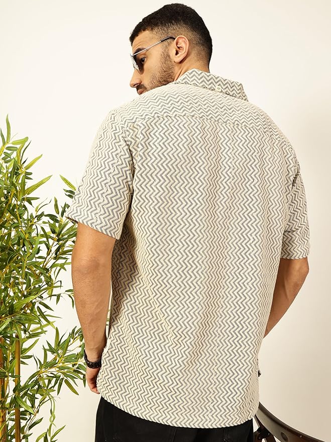 Thomas Scott Men's Half Sleeves Cotton Blend Crochet Textured Shirt
