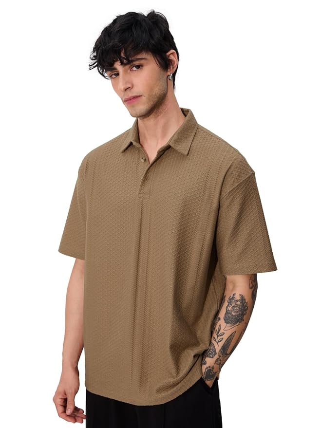 The Souled Store Textured Polo: Men and Boys Short Sleeves Collared Neck Pull On Solid Cotton Oversized Polos