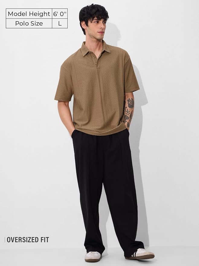 The Souled Store Textured Polo: Men and Boys Short Sleeves Collared Neck Pull On Solid Cotton Oversized Polos