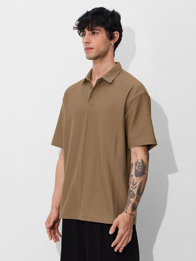 The Souled Store Textured Polo: Men and Boys Short Sleeves Collared Neck Pull On Solid Cotton Oversized Polos