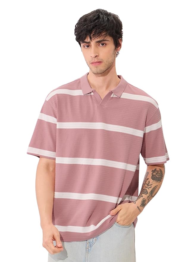 The Souled Store Quartz Men and Boys Short Sleeves Collared Neck Pink and White Striped Oversized Textured Polos