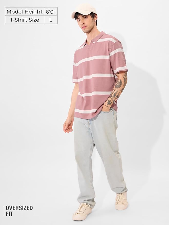 The Souled Store Quartz Men and Boys Short Sleeves Collared Neck Pink and White Striped Oversized Textured Polos