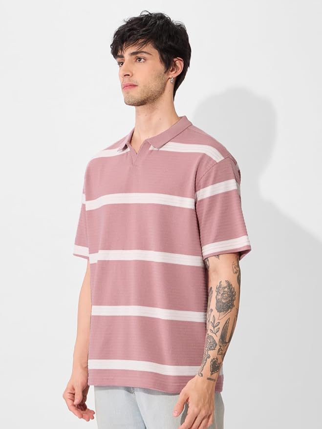 The Souled Store Quartz Men and Boys Short Sleeves Collared Neck Pink and White Striped Oversized Textured Polos
