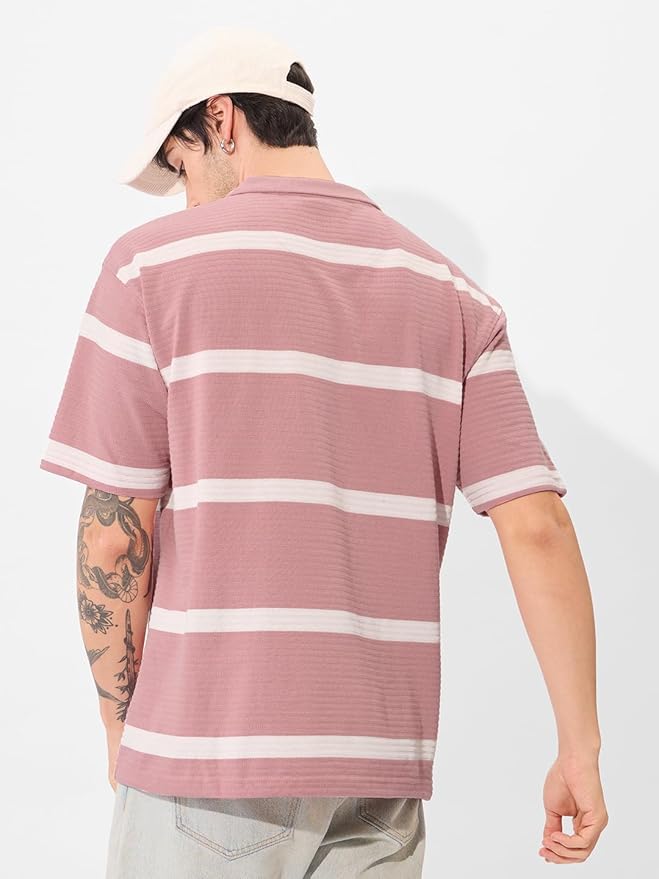 The Souled Store Quartz Men and Boys Short Sleeves Collared Neck Pink and White Striped Oversized Textured Polos