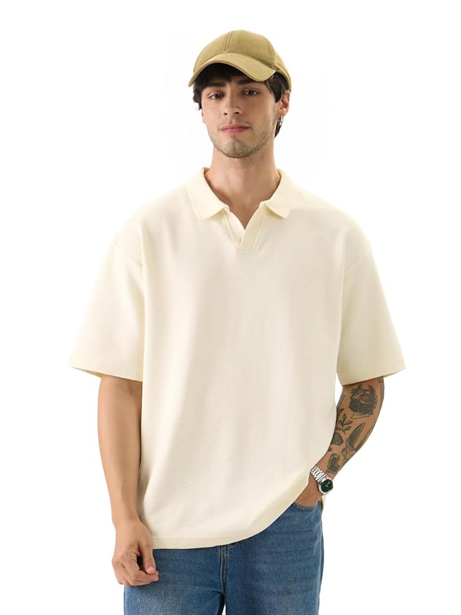 The Souled Store Solids: Off-White Men and Boys Short Sleeve Collared Neck Cotton Blend Oversized Polos