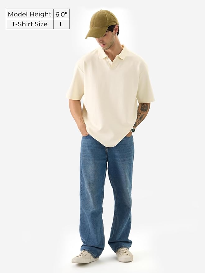 The Souled Store Solids: Off-White Men and Boys Short Sleeve Collared Neck Cotton Blend Oversized Polos