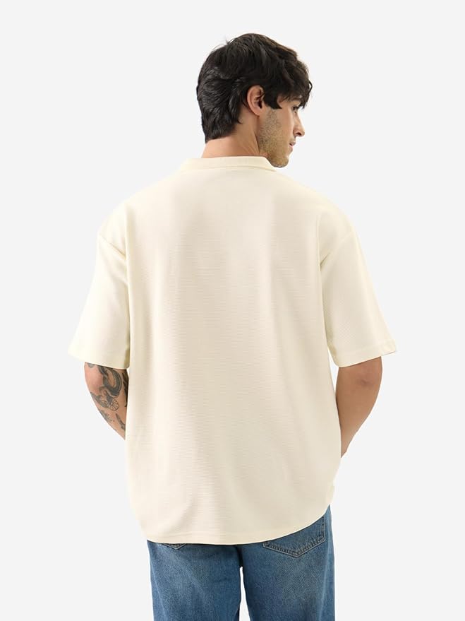 The Souled Store Solids: Off-White Men and Boys Short Sleeve Collared Neck Cotton Blend Oversized Polos
