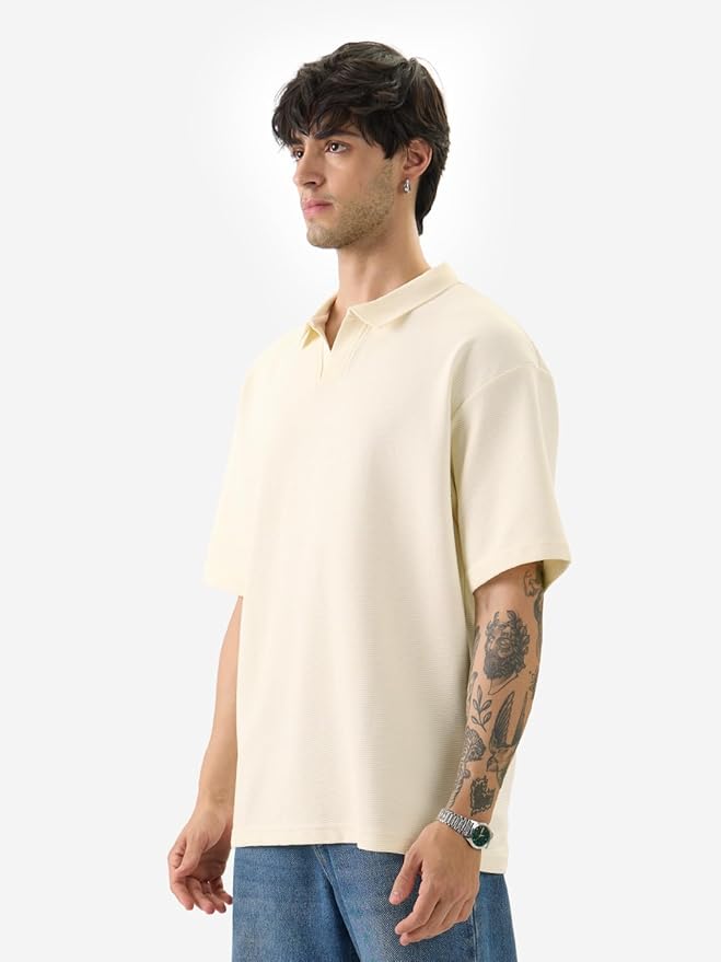 The Souled Store Solids: Off-White Men and Boys Short Sleeve Collared Neck Cotton Blend Oversized Polos