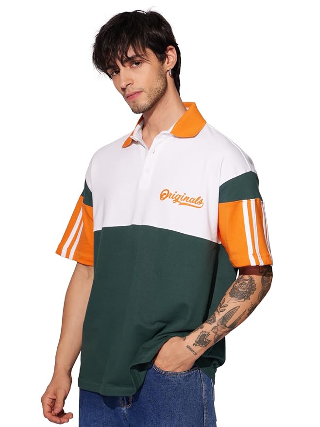 The Souled Store Topaz Tint Men and Boys Short Sleeves Collared Neck Multicolor Color Blocked Cotton Oversized Polos