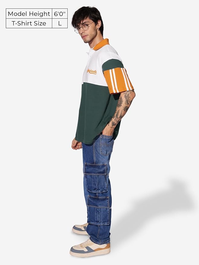 The Souled Store Topaz Tint Men and Boys Short Sleeves Collared Neck Multicolor Color Blocked Cotton Oversized Polos